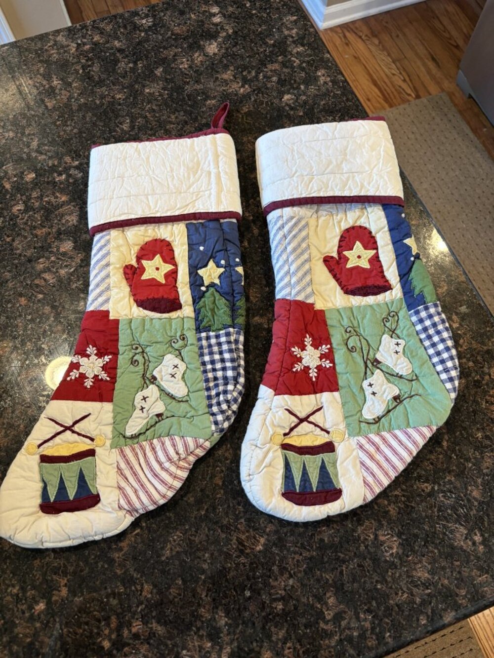 Vintage Pottery Barn Christmas Patchwork Quilted Stockings - Set of 2